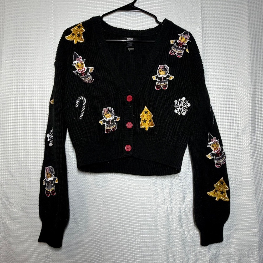 Social Collision Cardigan Knit Holiday Patches Cropped Goth Emo Black SM